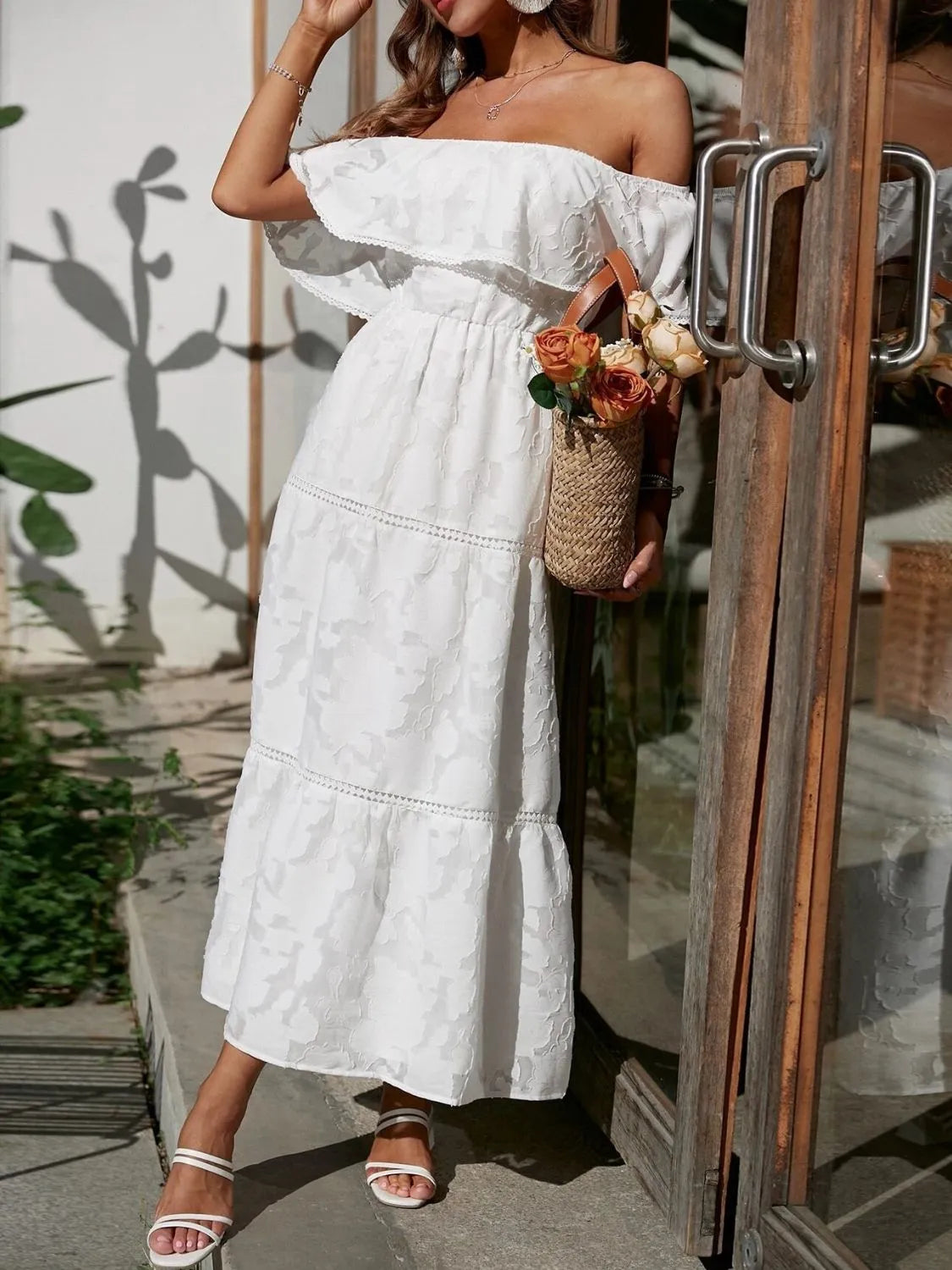 Ruched Off Shoulder Short Sleeve Midi Dress