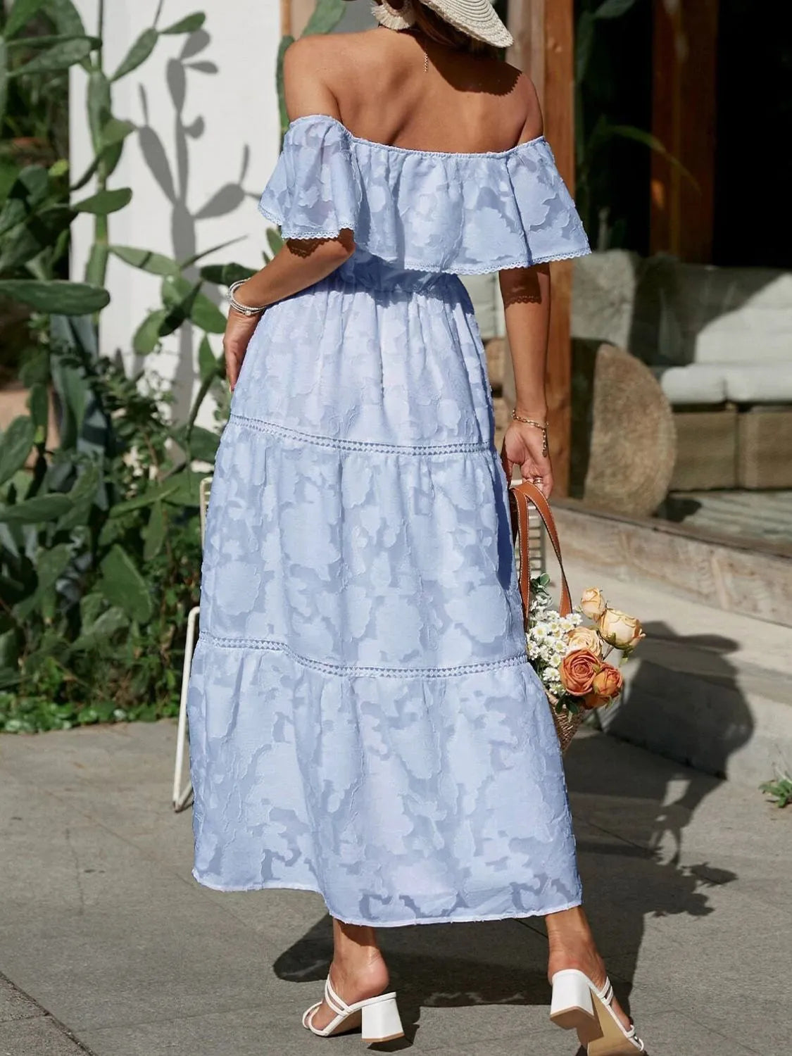 Ruched Off Shoulder Short Sleeve Midi Dress