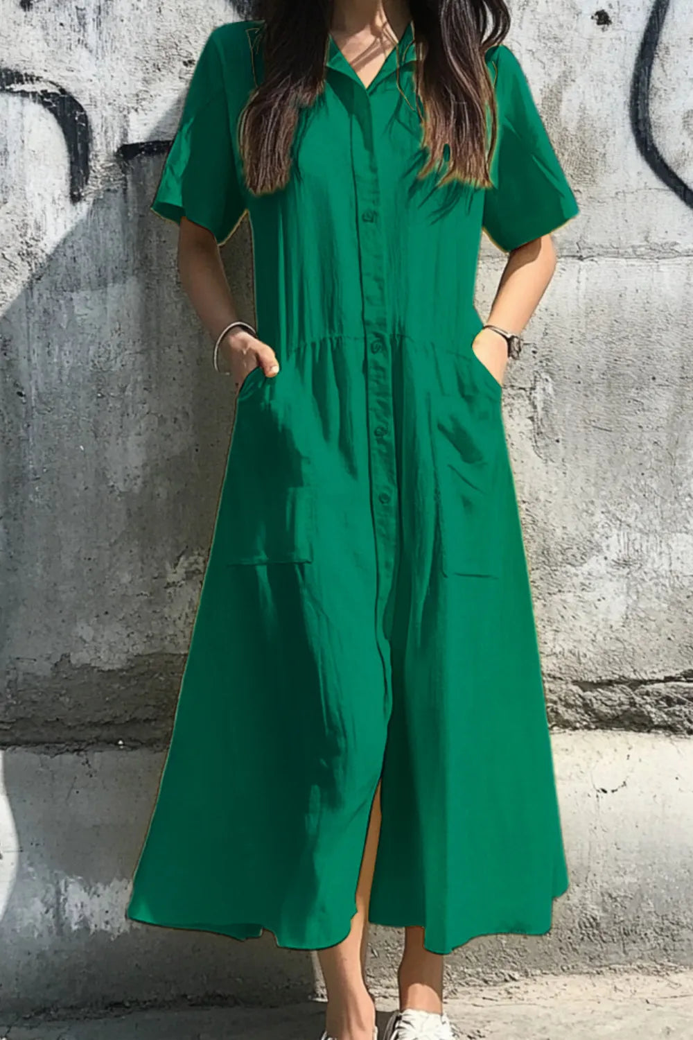 Button Front Short Sleeve Midi Dress