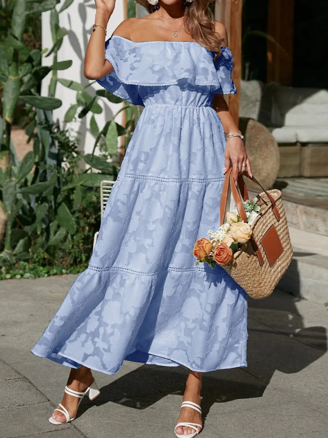 Ruched Off Shoulder Short Sleeve Midi Dress