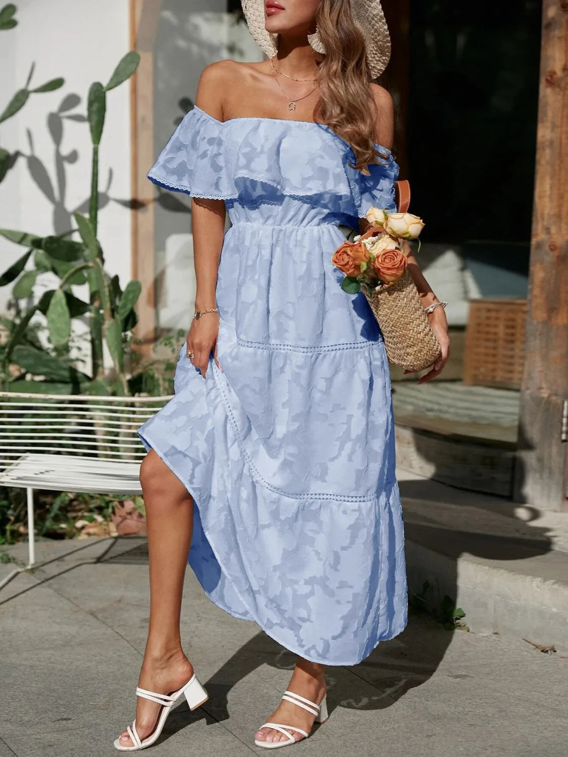 Ruched Off Shoulder Short Sleeve Midi Dress