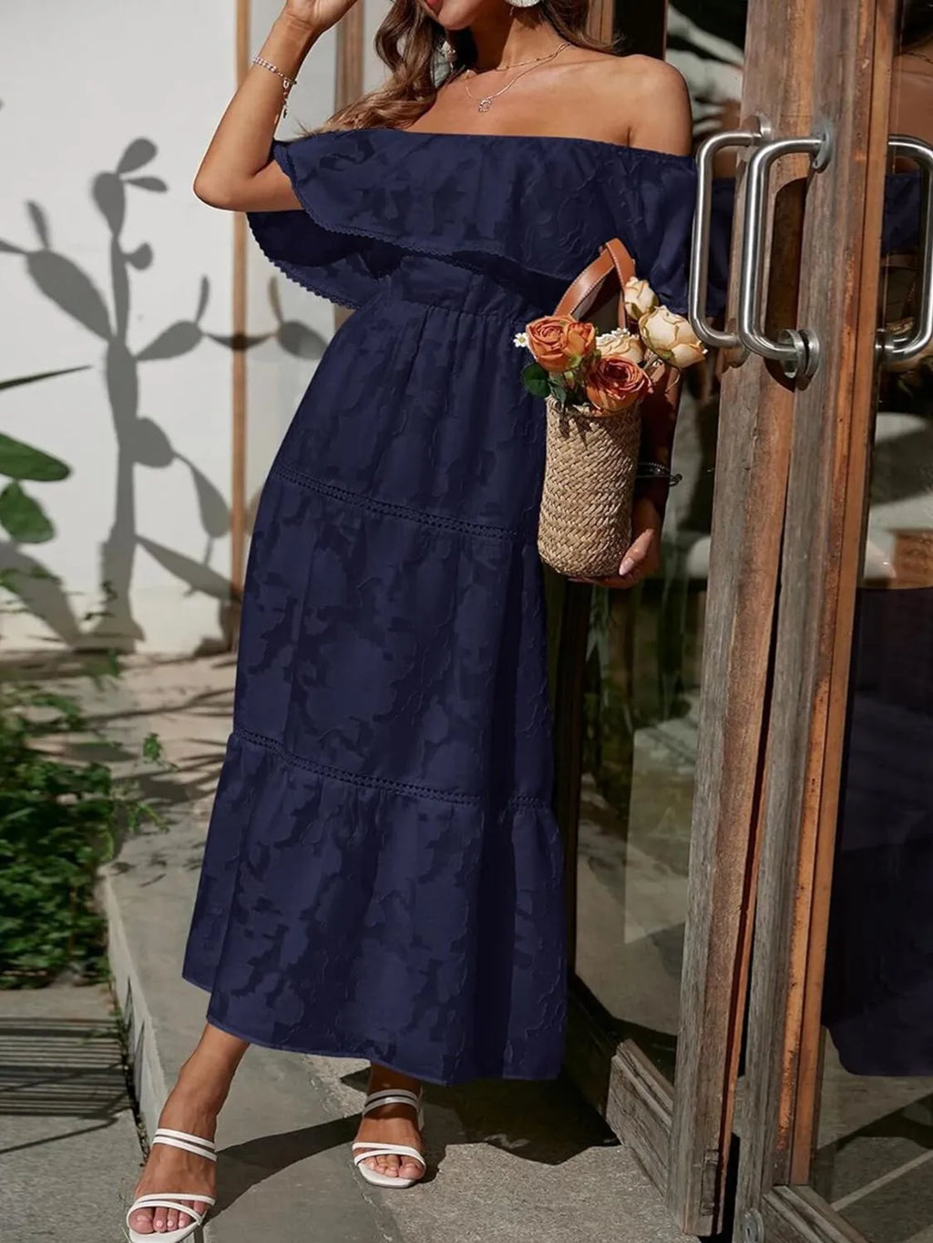 Ruched Off Shoulder Short Sleeve Midi Dress