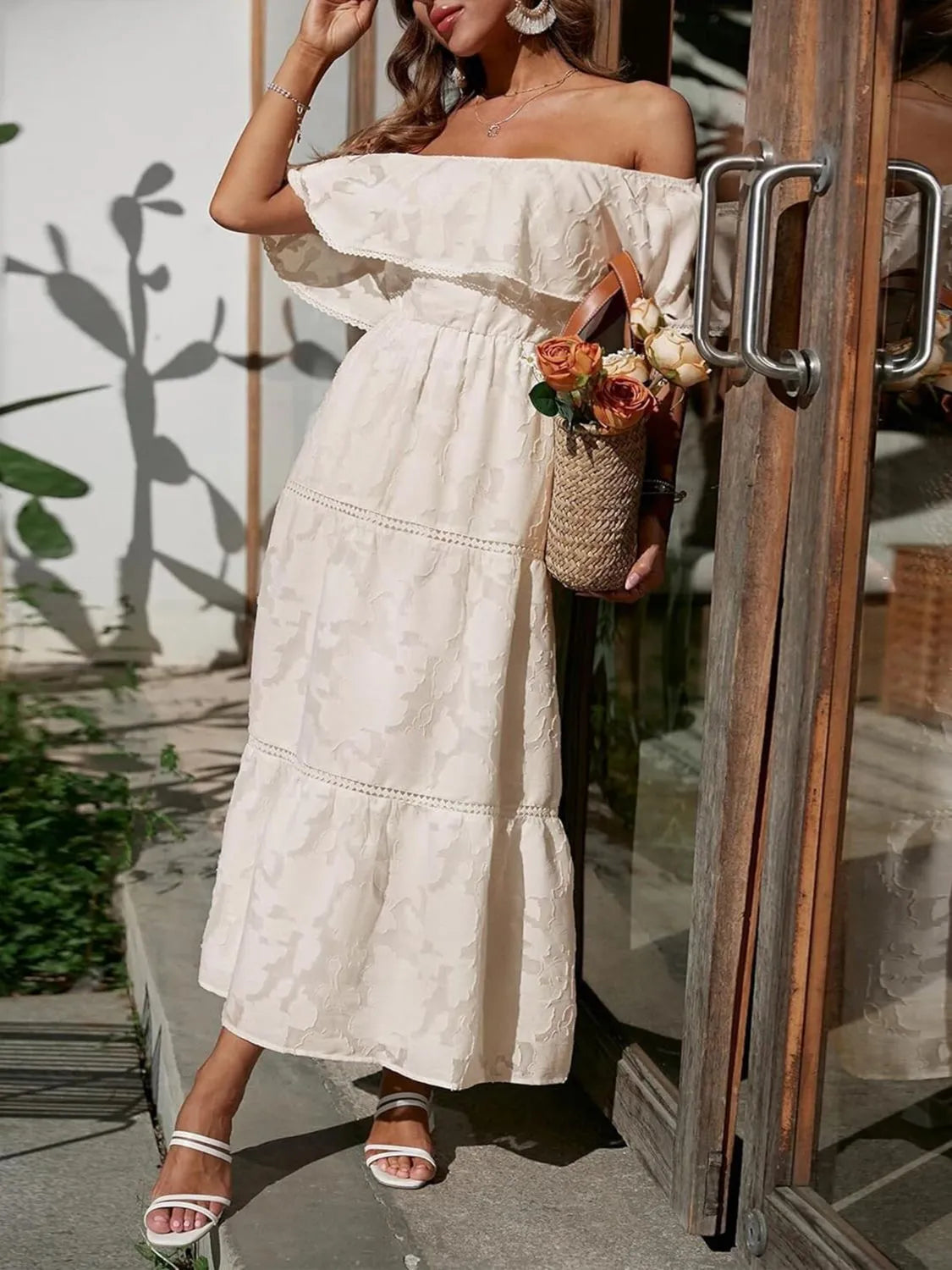 Ruched Off Shoulder Short Sleeve Midi Dress